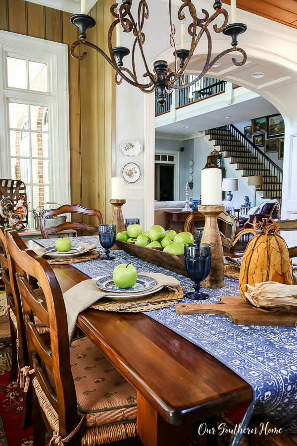 Blue and White Fall Tablescape