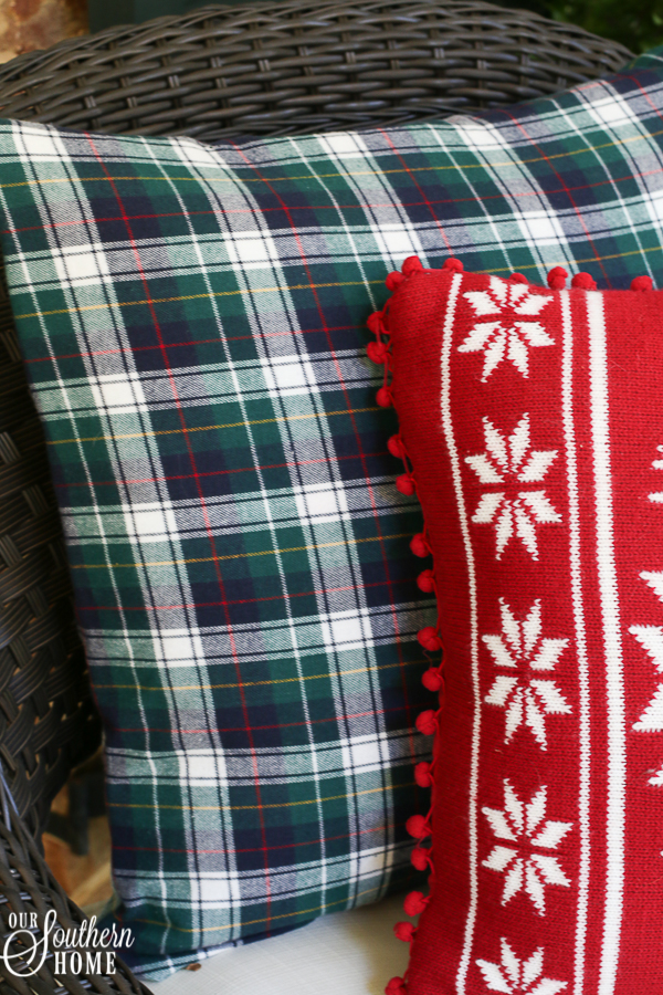 5 minute porch pillow makeover turns those summer pillows into Christmas magic with little effort!