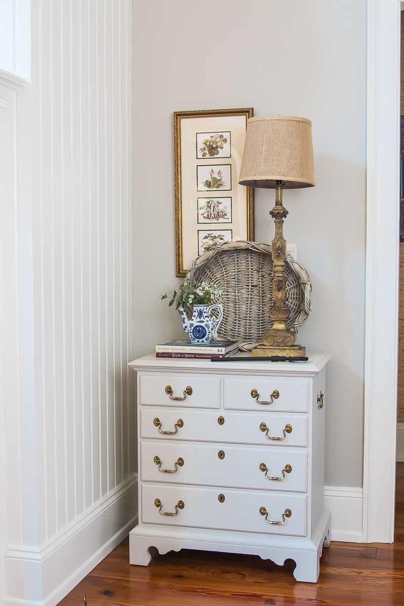 wicker tray basket on a table with lamp