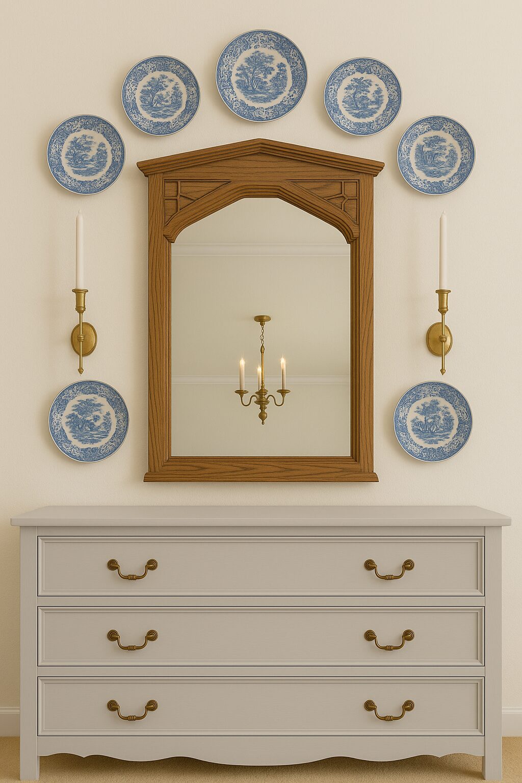 mirror with plates over a dresser