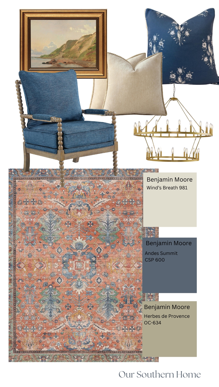 Living room mood board featuring coral vintage-style rug, blue upholstered chair, neutral pillows, brass chandelier, and Benjamin Moore Wind’s Breath paint color