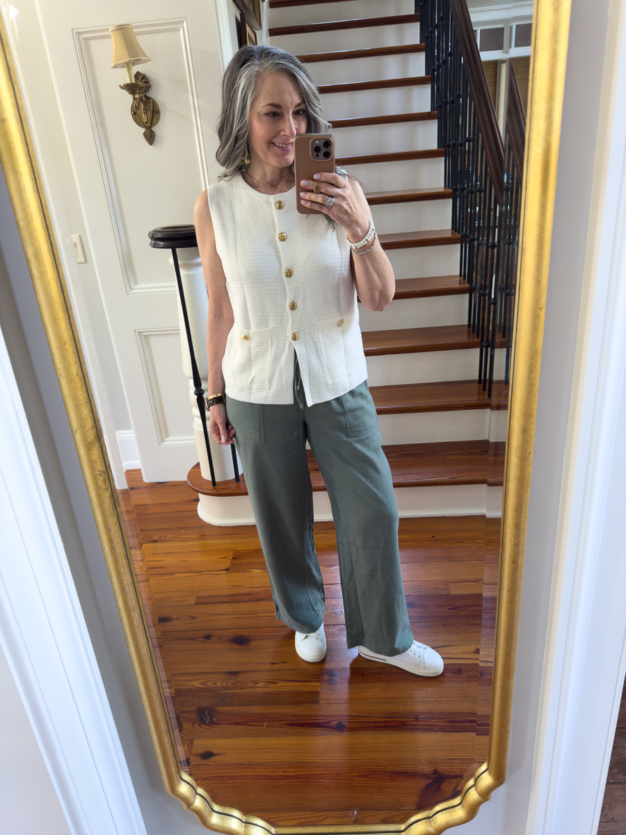 summer sweater vest with gold buttons