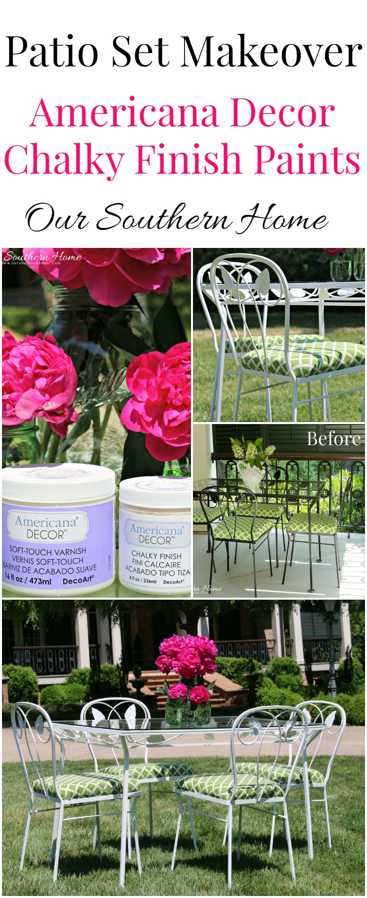 Outdoor furniture gets a makeover with Americana Decor Chalky Finish paints via Our Southern Home. #sp #chalkyfinish #decorartprojects