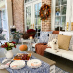 dog sitting on a couch decorated for fall
