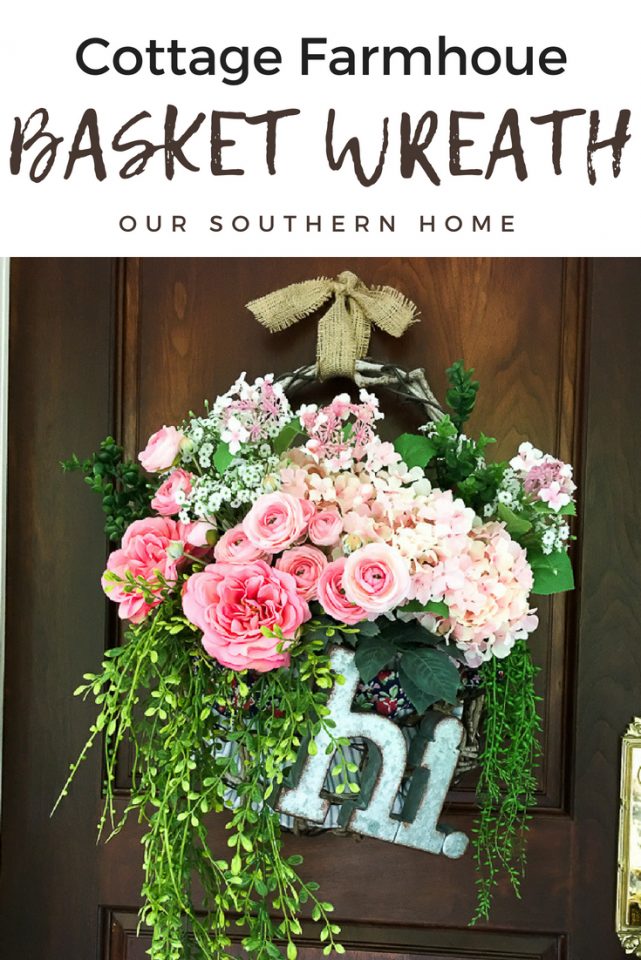 Cottage farmhouse style basket wreath is this month's thrift store makeover! Many ideas brought to you each month from the team! #thriftstore #makeover #wreath #basketwreath #frontdoor