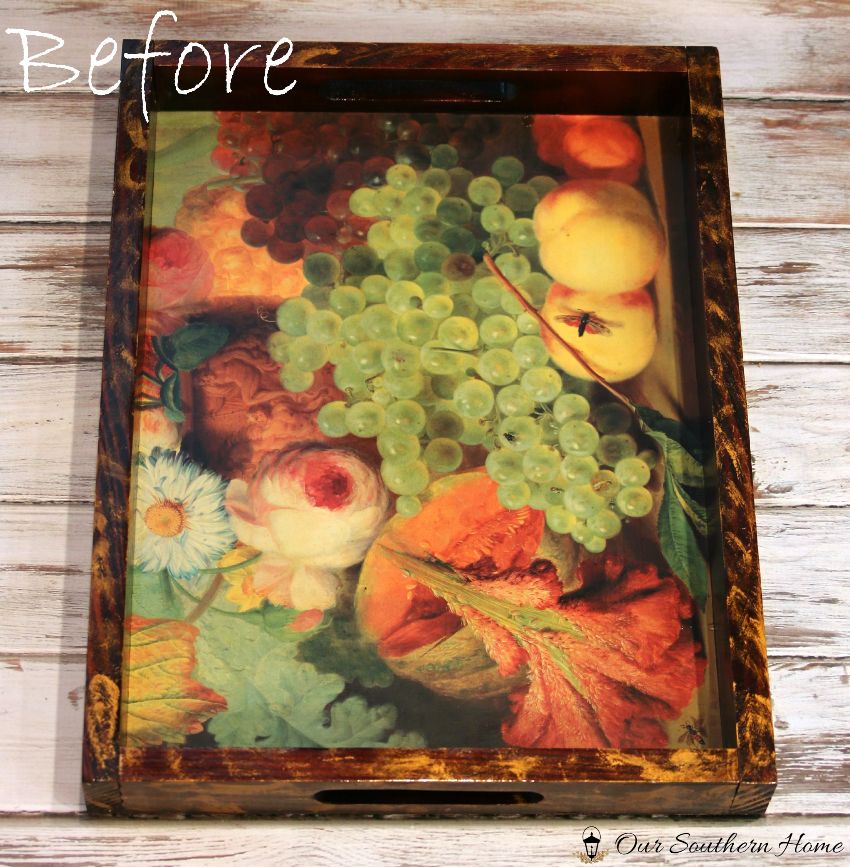 Beachy thrift store tray makeover with crab graphic via Our Southern Home