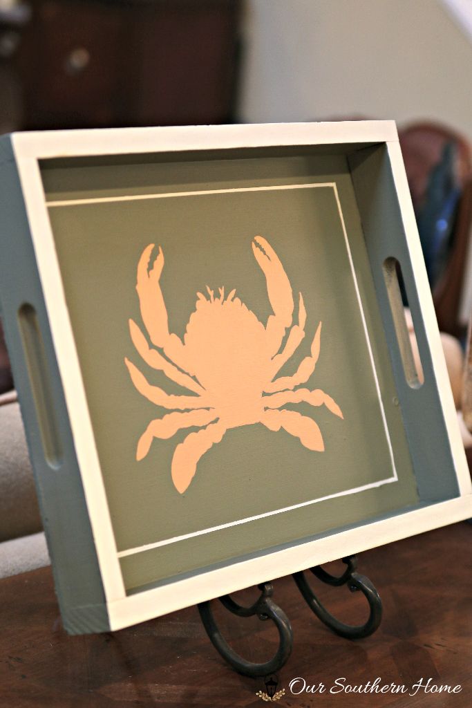 Beachy thrift store tray makeover with crab graphic via Our Southern Home