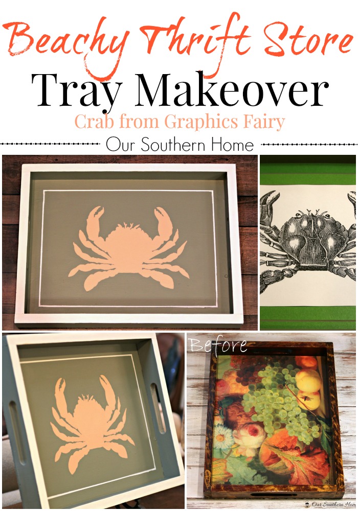 Beachy thrift store tray makeover with crab graphic via Our Southern Home