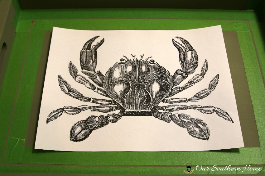 Beachy thrift store tray makeover with crab graphic via Our Southern Home