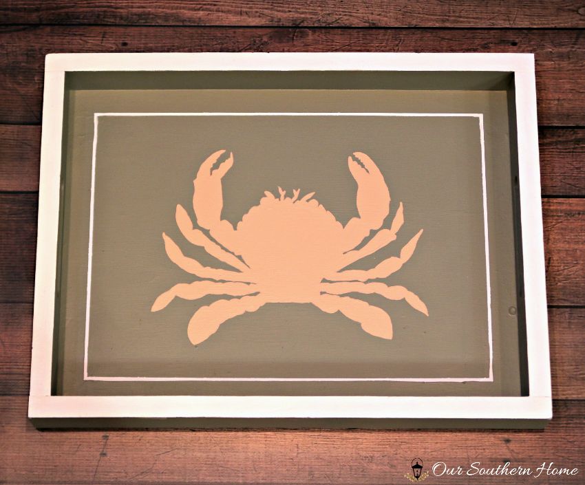 Beachy thrift store tray makeover with crab graphic via Our Southern Home