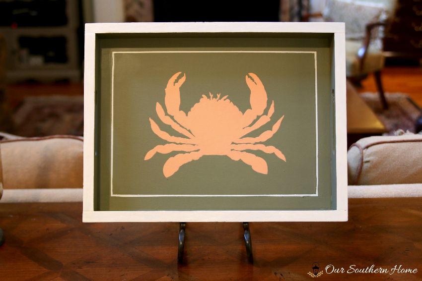 Beachy thrift store tray makeover with crab graphic via Our Southern Home