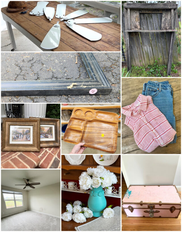 Collage of thrift store finds and DIY makeover projects for May