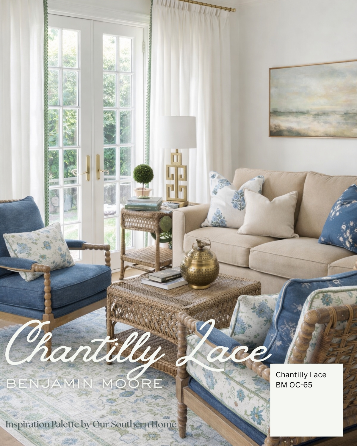 Traditional sunroom with tan sofa, wicker coffee table, brass lamp, and blue and green accent pillows against Chantilly Lace walls.