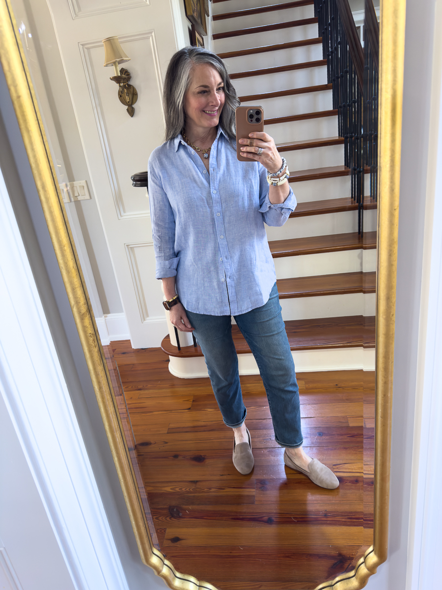 mirror selfie in linen shirt