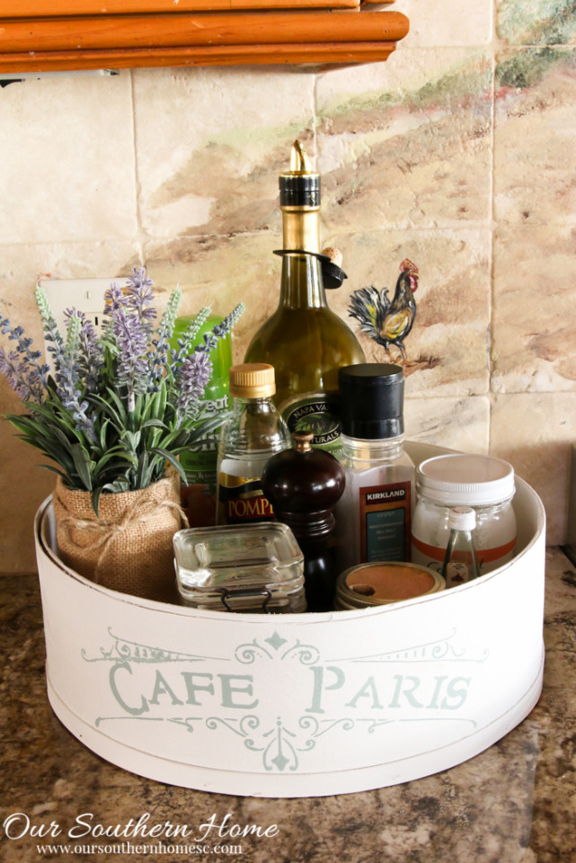Hoop cheese box is transformed into a French Country farmhouse styled kitchen caddy.