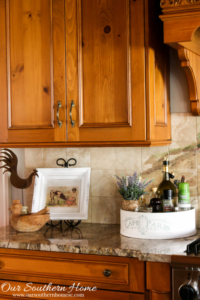 Hoop cheese box is transformed into a French Country farmhouse styled kitchen caddy.