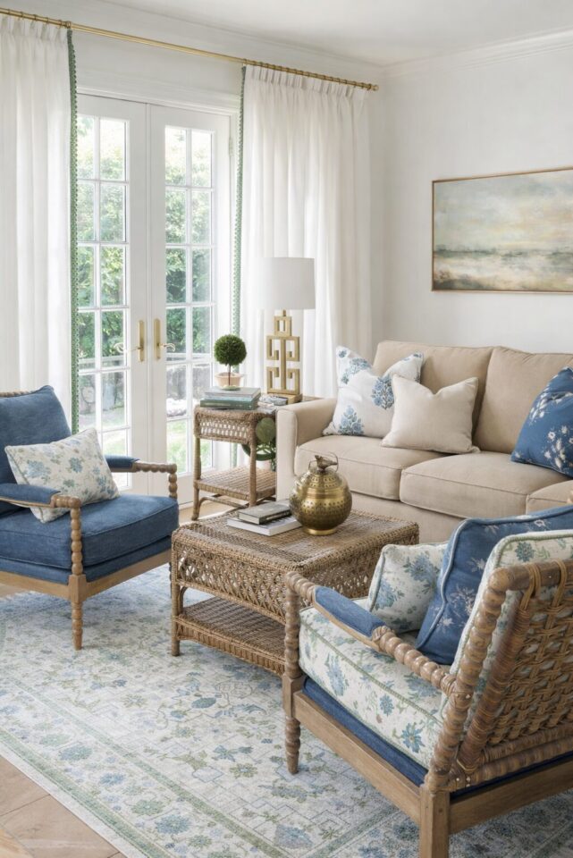 Nancy Meyers inspired sunroom featuring Benjamin Moore Chantilly Lace walls, tan sofa, wicker chairs with blue block print cushions, green trimmed linen curtains, and brass accents.