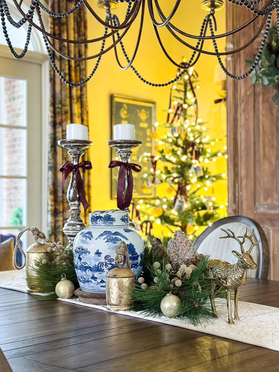 brass deer and christmas greenery