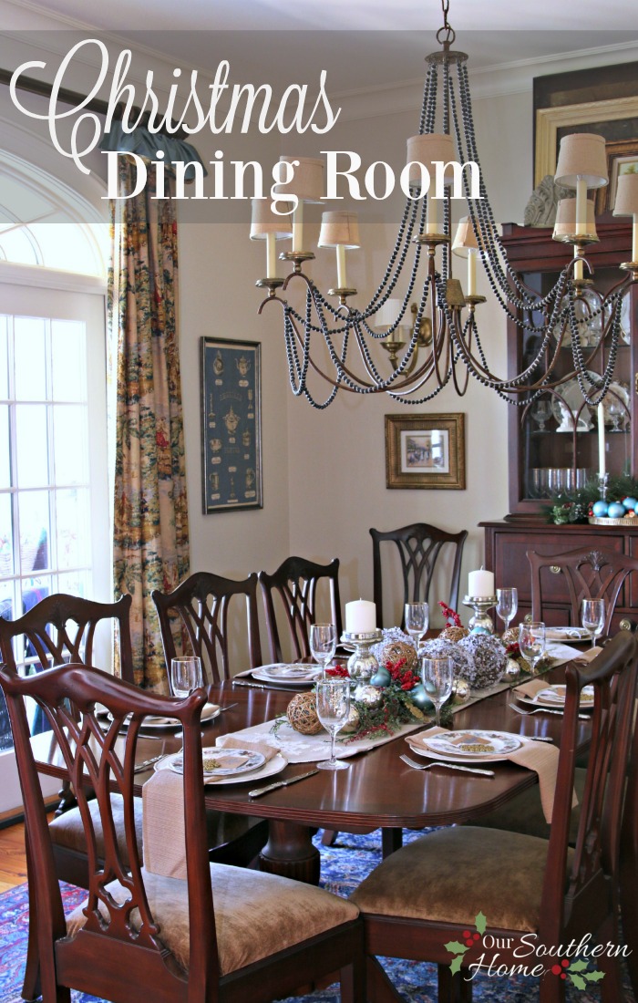 Christmas dining room using blues along with traditional reds by Our Southern Home