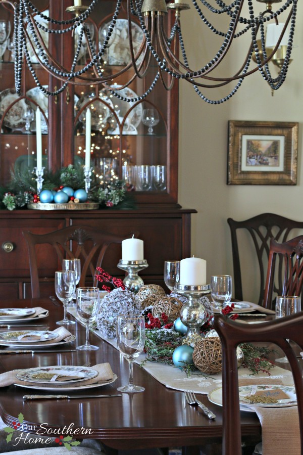 Christmas dining room using blues along with traditional reds by Our Southern Home