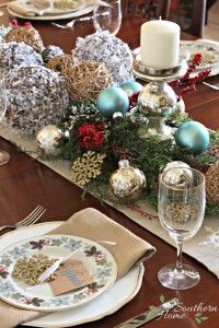Christmas dining room using blues along with traditional reds by Our Southern Home