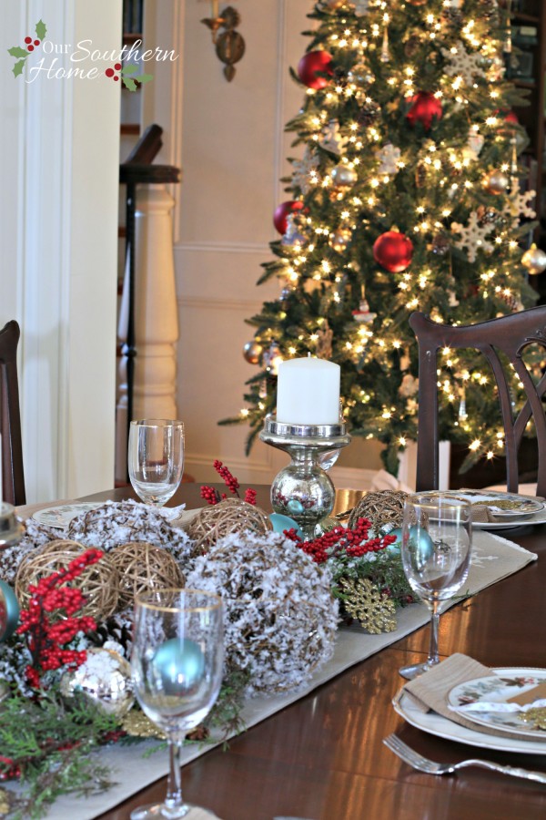 Christmas dining room using blues along with traditional reds by Our Southern Home