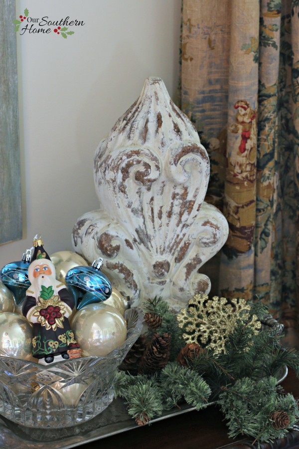 Christmas dining room using blues along with traditional reds by Our Southern Home