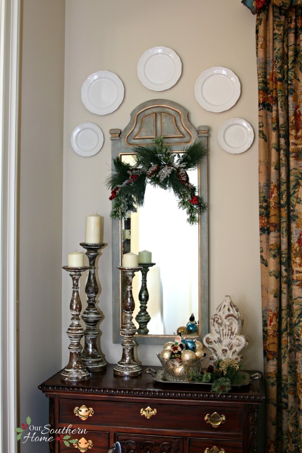 Christmas dining room using blues along with traditional reds by Our Southern Home