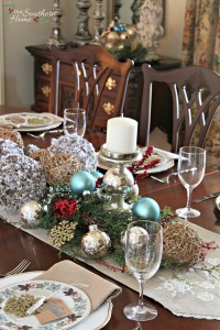 Christmas dining room using blues along with traditional reds by Our Southern Home