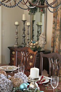 Christmas dining room using blues along with traditional reds by Our Southern Home