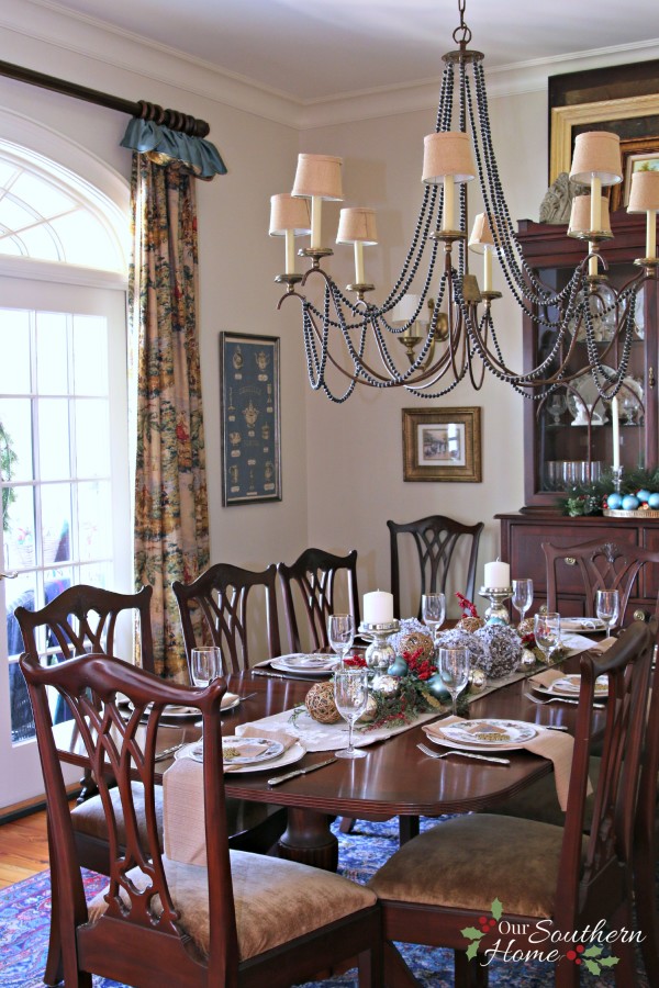 Christmas dining room using blues along with traditional reds by Our Southern Home