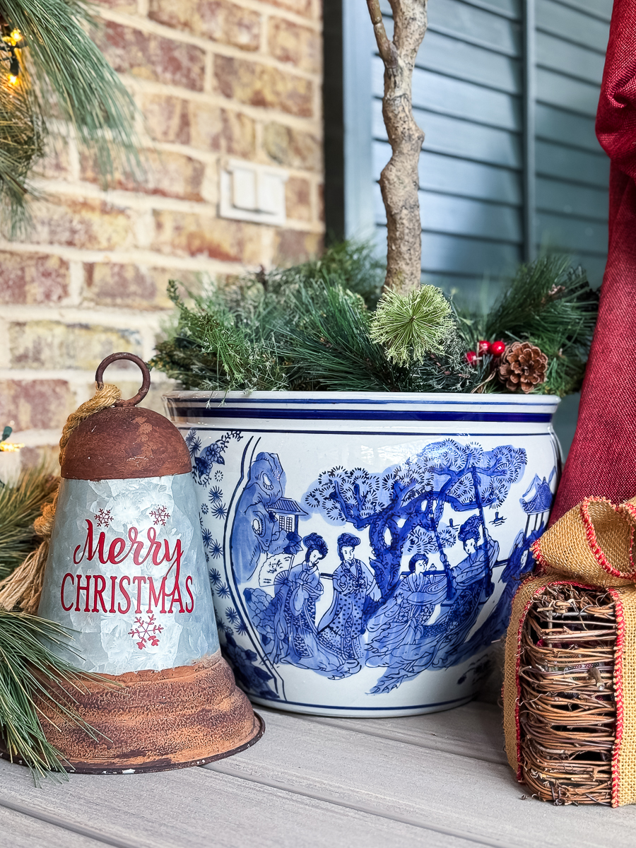 chinoiserie pot with christmas greenery