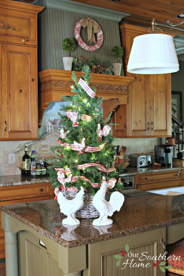 Thrift store basket becomes kitchen counter Christmas tree basket with a simple paint technique.