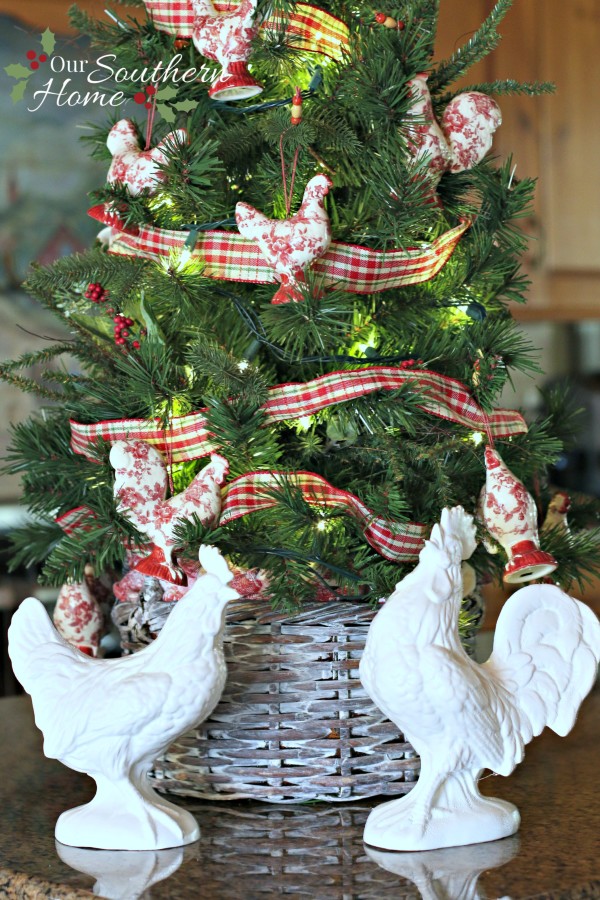 Thrift store basket becomes kitchen counter Christmas tree basket with a simple paint technique.