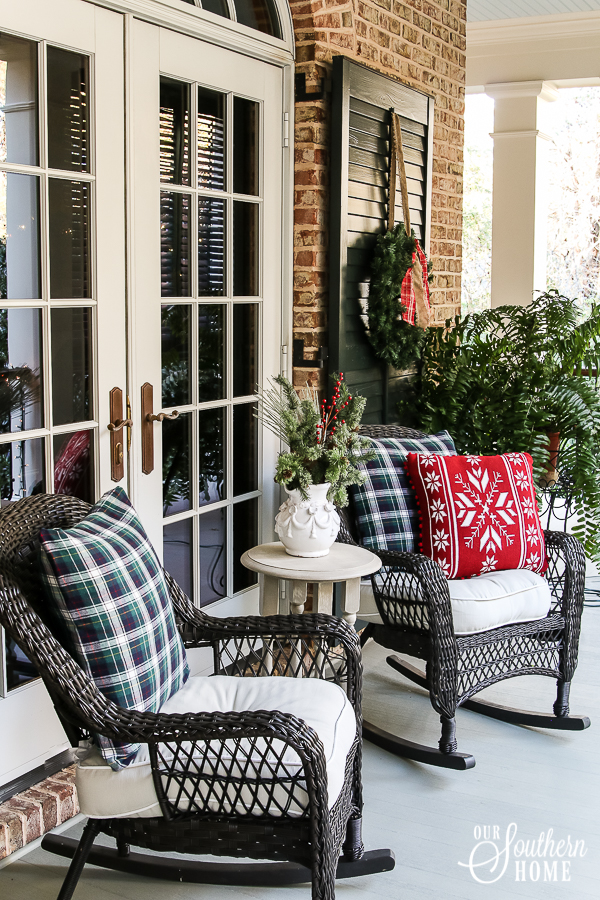 Southern Porch tour full of ideas with plaids and more! #christmas #christmasporch #christmasdecor