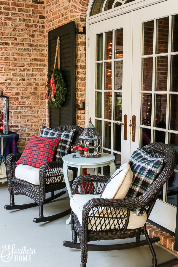 Southern Porch tour full of ideas with plaids and more! #christmas #christmasporch #christmasdecor