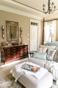 Romantic master bedroom decked for Christmas with neutral decor for an unexpected look! #christmasbedroom #christmasdecor #christmas