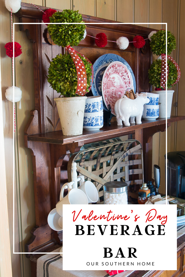 Details for creating a Valentine's Day beverage bar with adorable pom pom garland.