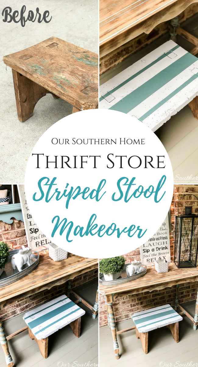 Thrift store stool makeover with a fun stripe pattern! #stripe #stoolmakeover #painted
