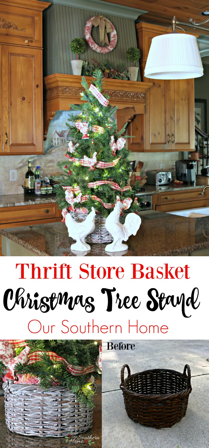 Thrift store basket becomes kitchen counter Christmas tree basket with a simple paint technique.