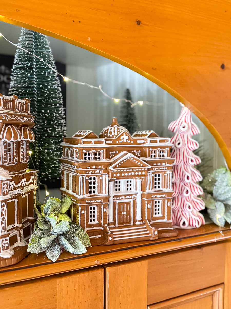 gingerbread village with candy cane tree