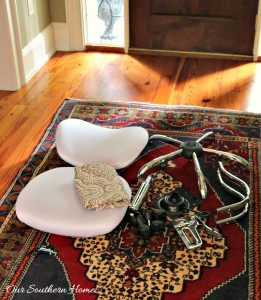 Office chair hack tutorial with simple upholstery make the workspace more comfortable and stylish by Our Southern Home for a farmhouse look.