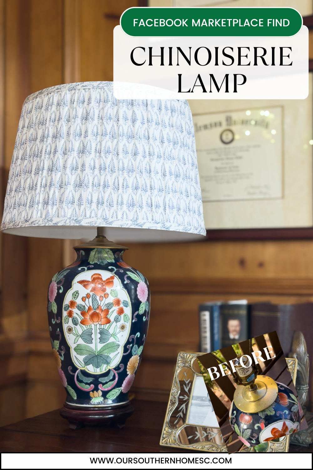 chinoiserie lamp with text overlay