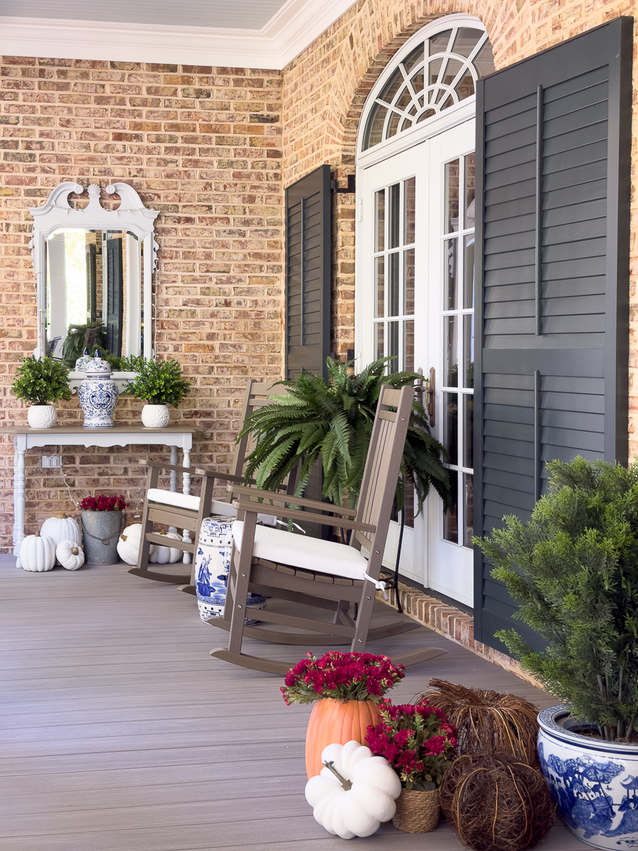 fall decor on porch with POLYWOOD rockers