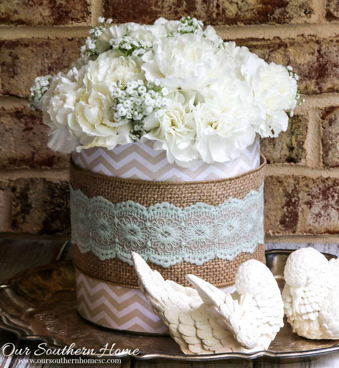 Quick, easy and cheap Farmhouse Style coffee can floral centerpiece! It's perfect for Mother's Day, showers, birthdays, luncheons, church functions and weddings by Our Southern Home