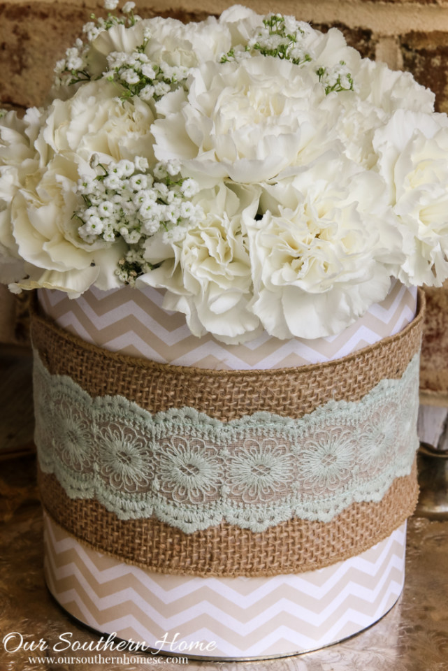 Quick, easy and cheap Farmhouse Style coffee can floral centerpiece! It's perfect for Mother's Day, showers, birthdays, luncheons, church functions and weddings by Our Southern Home