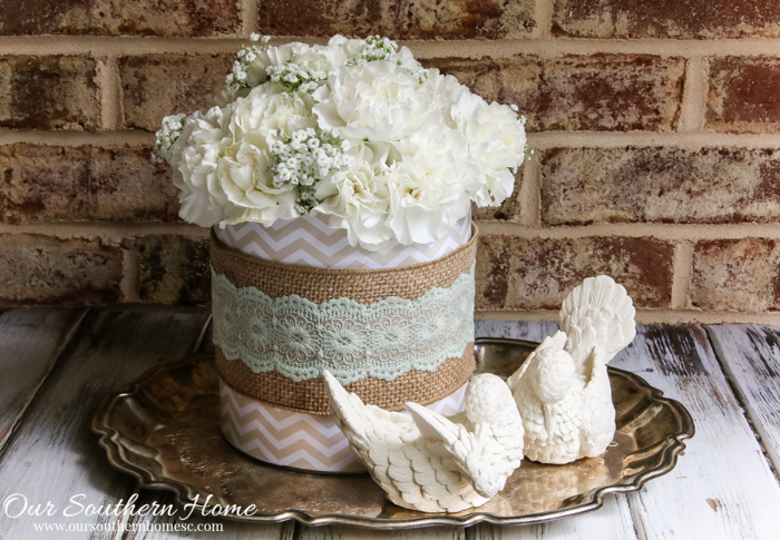 Quick, easy and cheap Farmhouse Style coffee can floral centerpiece! It's perfect for Mother's Day, showers, birthdays, luncheons, church functions and weddings by Our Southern Home