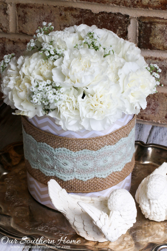 Quick, easy and cheap Farmhouse Style coffee can floral centerpiece! It's perfect for Mother's Day, showers, birthdays, luncheons, church functions and weddings by Our Southern Home