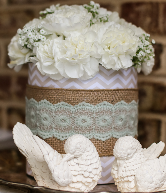 Quick, easy and cheap Farmhouse Style coffee can floral centerpiece! It's perfect for Mother's Day, showers, birthdays, luncheons, church functions and weddings by Our Southern Home