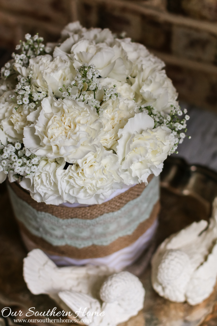 Quick, easy and cheap Farmhouse Style coffee can floral centerpiece! It's perfect for Mother's Day, showers, birthdays, luncheons, church functions and weddings by Our Southern Home